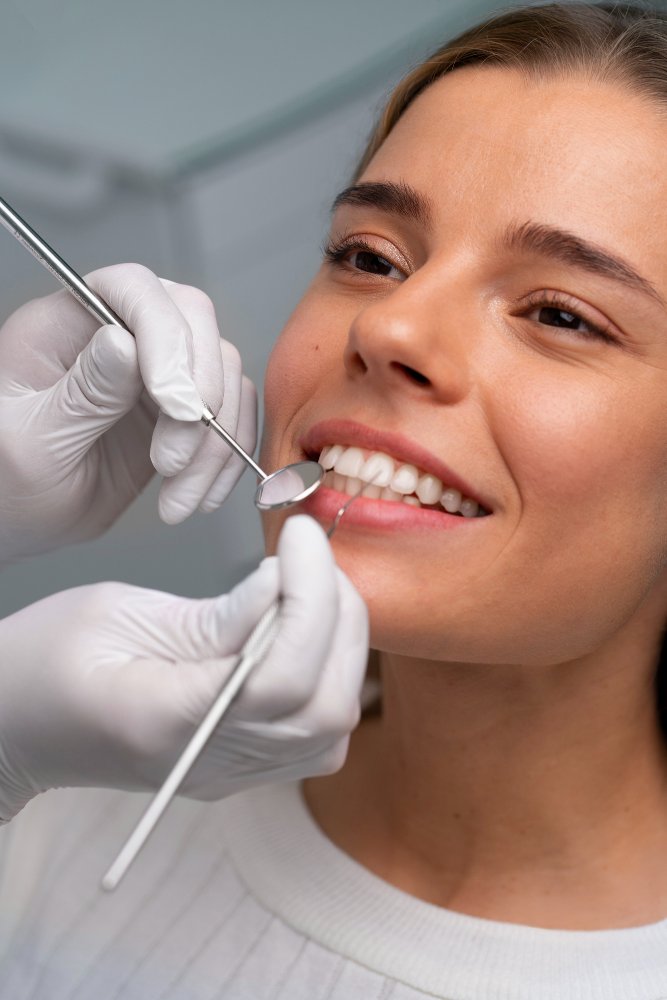 patient is sitting in the dentist's office